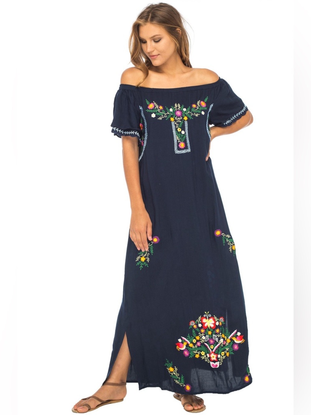 Back From Bali Traditional Mexican Off-Shoulder Navy Embroidered Maxi Dress